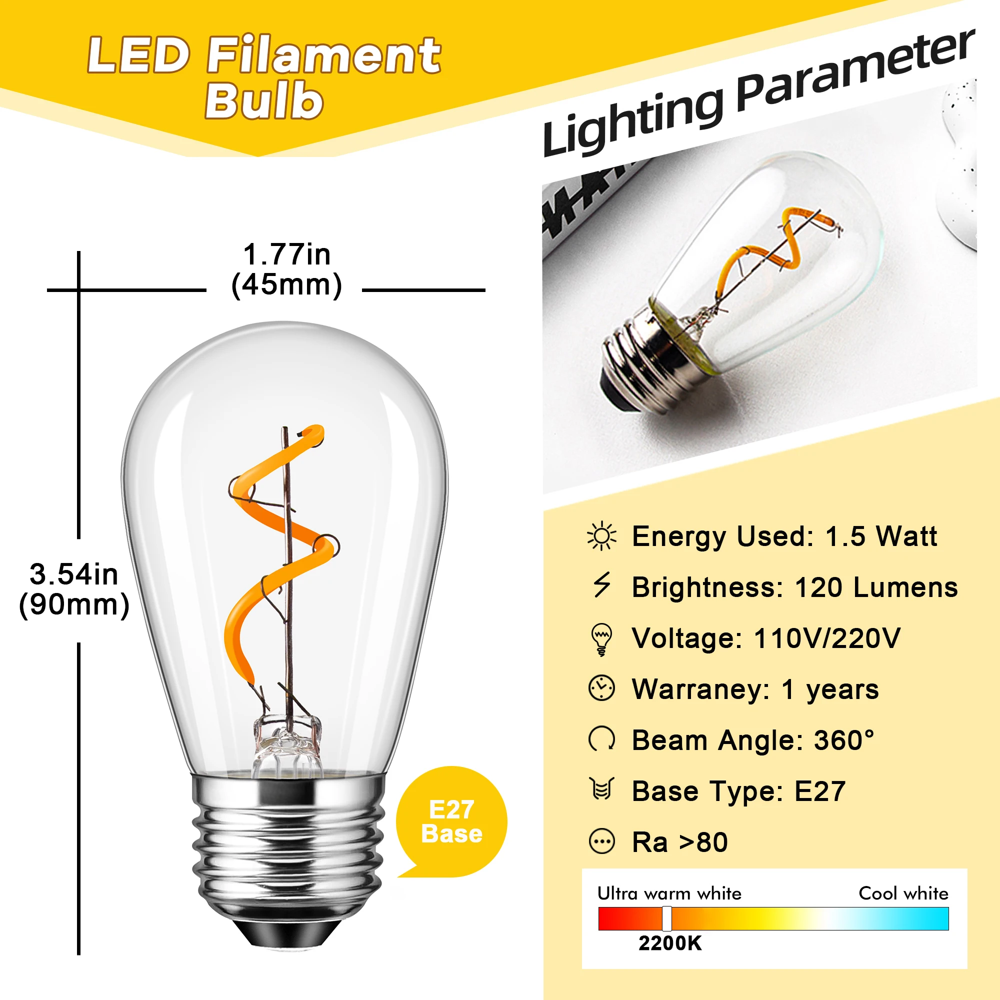 빈티지 E27 에디슨 전구 ST45 E26 1.5W 필라멘트 전구 110V 220V 호박색 유리 LED 조명 홈 조명기구 장