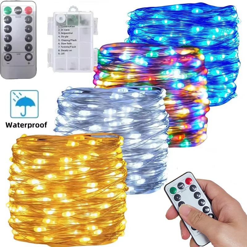 LED Fairy Light String, Battery Operated with Remote Control, 8 Mode Waterproof Christmas and Holiday Decorations