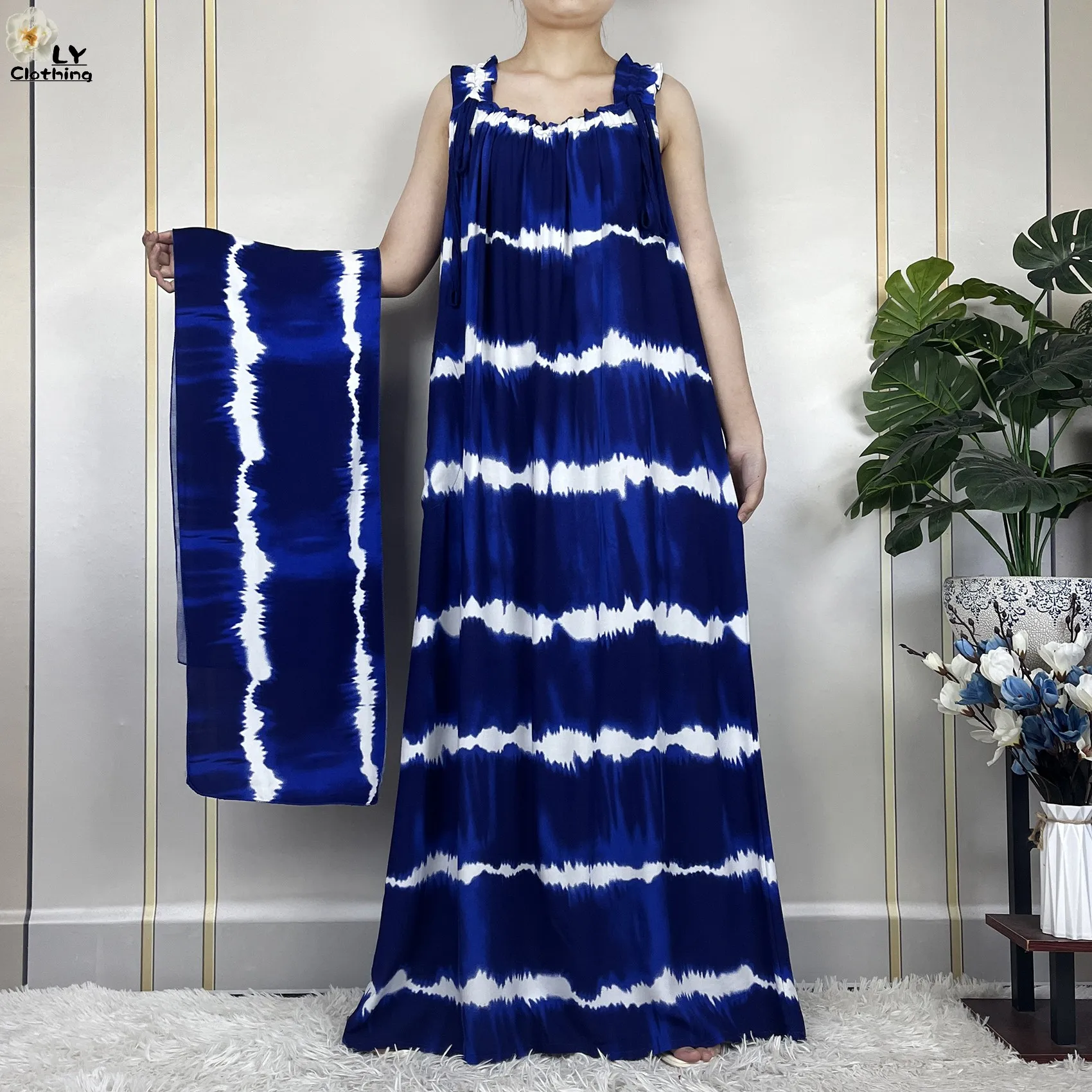 New Dubai Fashion Elegant Women Summer Sleeveless Cotton Printed Flowers Loose Dress African Dashiki Maxi Lady Dress With Scarfs