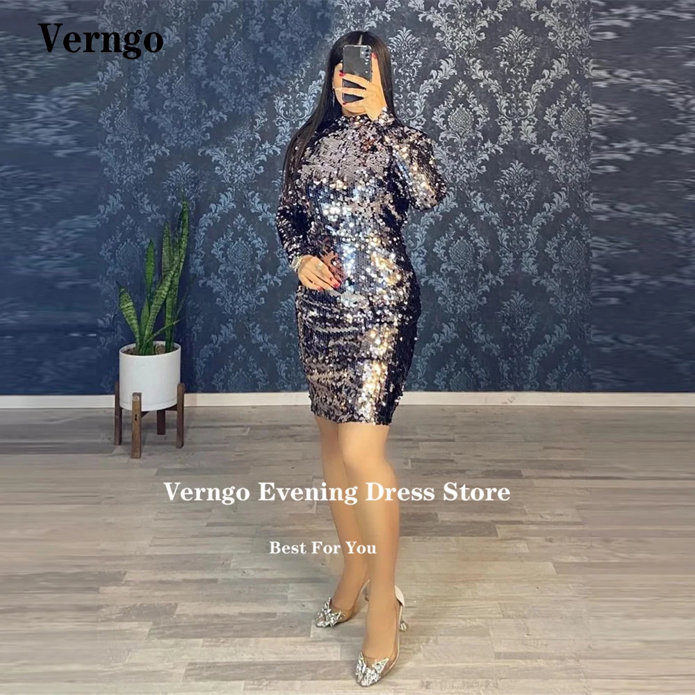 

Verngo Sparkly Sequin Short Prom Party Dresses High Neck Long Sleeves Dubai Arabic Women Evening Cocktail Gowns Night Club Shiny