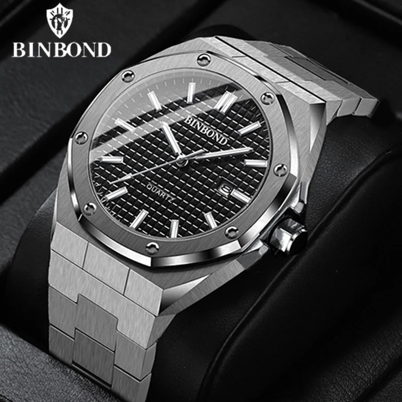 BINBOND Mens Watch Top Brand Royal Casual Men Big Dial Silver Stainless Steel Calendar Quartz Wristwatch Classic Luminous B0233