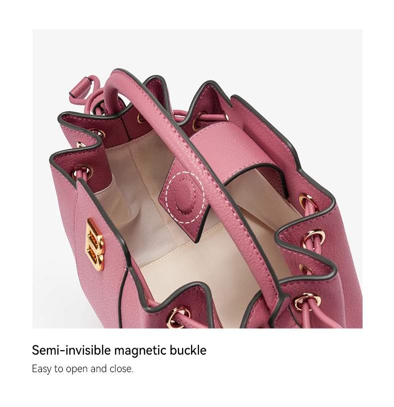 Side profile of leather bucket bag
