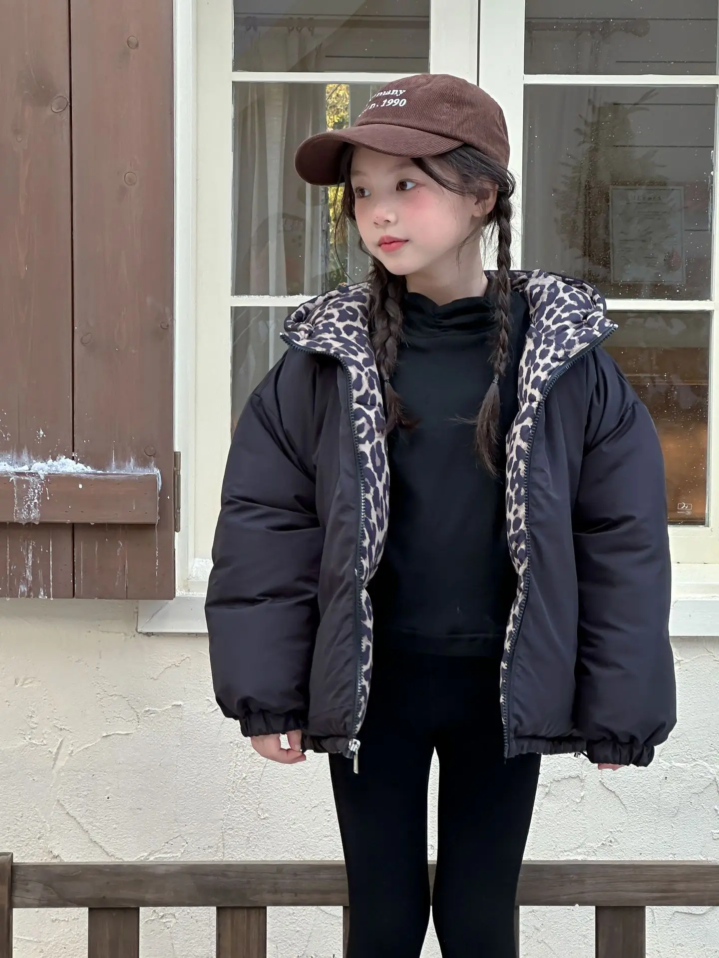 Girls Coat Autumn New Childrens Clothes Girls Baby Western-style Leopard Print Double-sided Hooded Padded Jacket