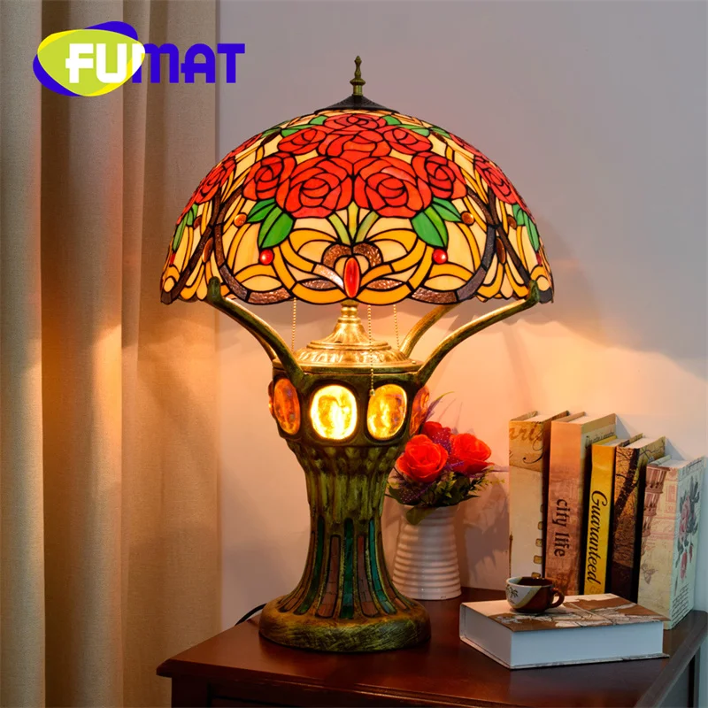 

FUMAT Tiffany stained glass desk lamp pastoral rose style Art Deco living room Study Bedroom bar front desk Lobby Reading lamp