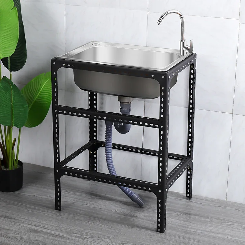 Kitchen Simple Stainless Steel Sink Vegetable Basin with Bracket Single Groove Water Tank Basin Household Sink Wash