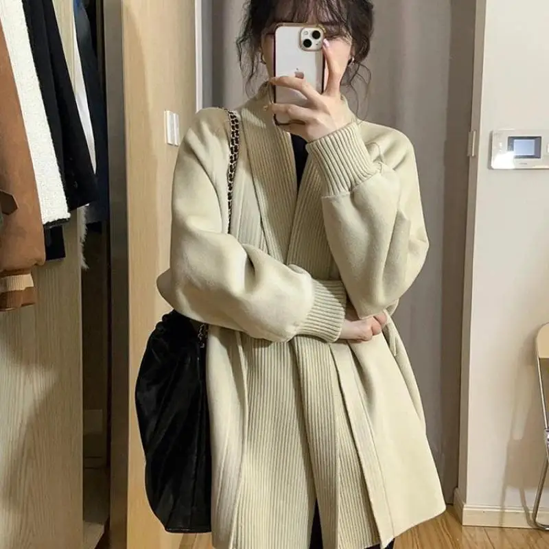 

Korean Fashion Spring V-neck Jacquard Cardigan Women's Solid Loose Long Sweater Knitted Wool Coat Sueters De Mujer