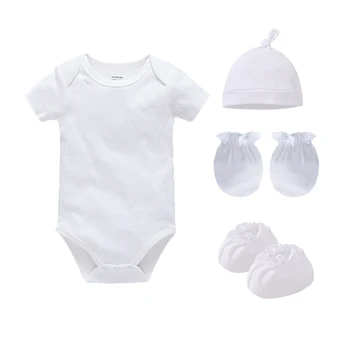 Set di 4 Pezzi in Cotone Bianco Puro per Neonati - Body + Cappellino + Guanti + Scarpine per 0-3 Mesi