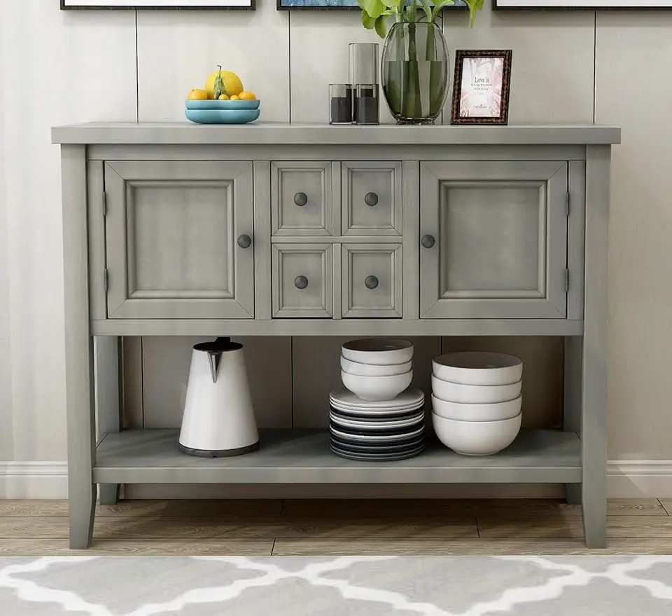 

Buffet Console Table,47.36” Sideboard with 4 Drawers,2 Storage Cabinets and Bottom Shelf for Living room,Antique Gray