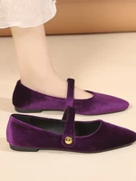 Elegant Velvet Ballet Flats Woman Luxury Velour Mary Jane Shoes Ladies Pointed Toe Buckle Strap Loafers In Purple Green 1