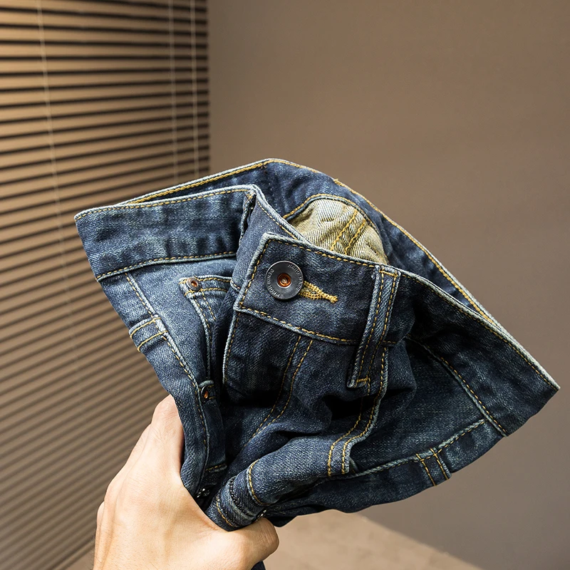 Light luxury high-end MEN'S jeans splicing patch slim straight casual bike simple personality denim blue casual pants