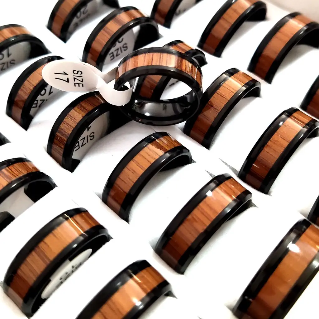 36 stücke Mens Fashion Ring Edelstahl Hochzeit Bands Ring Mit Holz Inlay Komfort-fit Männlichen Weiblichen Schmuck 8mm Breite Größen 7-11 – Detail 2