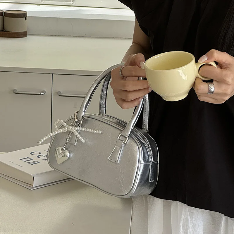 Silver Small Square Bag PU Handheld Crossbody Bag Bowling Bag Fashion Casual Women's Boston Commuter Bag