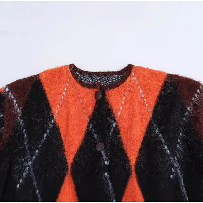 Mohair O-neck Contrast Color Knit Sweater Women Geometry Print Long Sleeve Loose Single-breasted Knitwear Lady All-match Top _