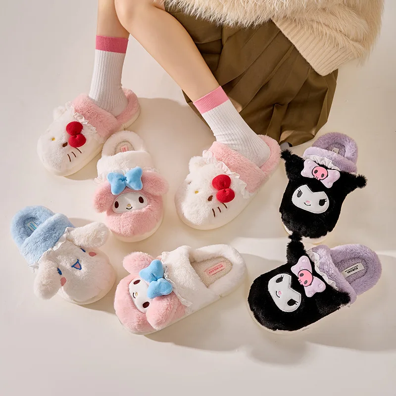 

Kawaii Sanrio Kuromi Cinnamoroll My Melody Cotton Slippers Winter Thick Sole for Warmth Cartoon KT Furry Shoes Home Interior