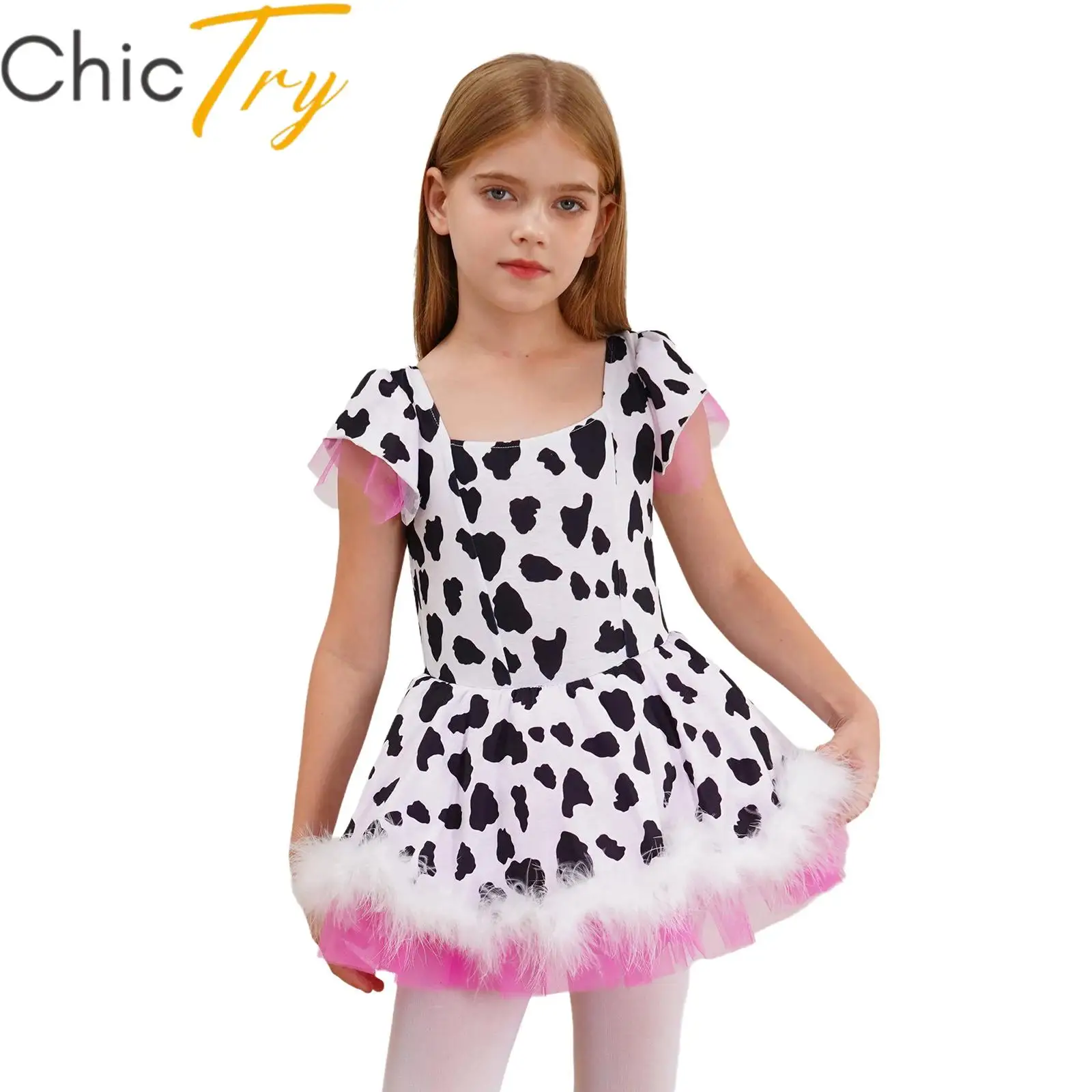 Kids Girls Halloween Western Cowgirl Cosplay Costume Square Neck Short Sleeve Cow Prints Dress Rodeo Party Carnival Dress Up