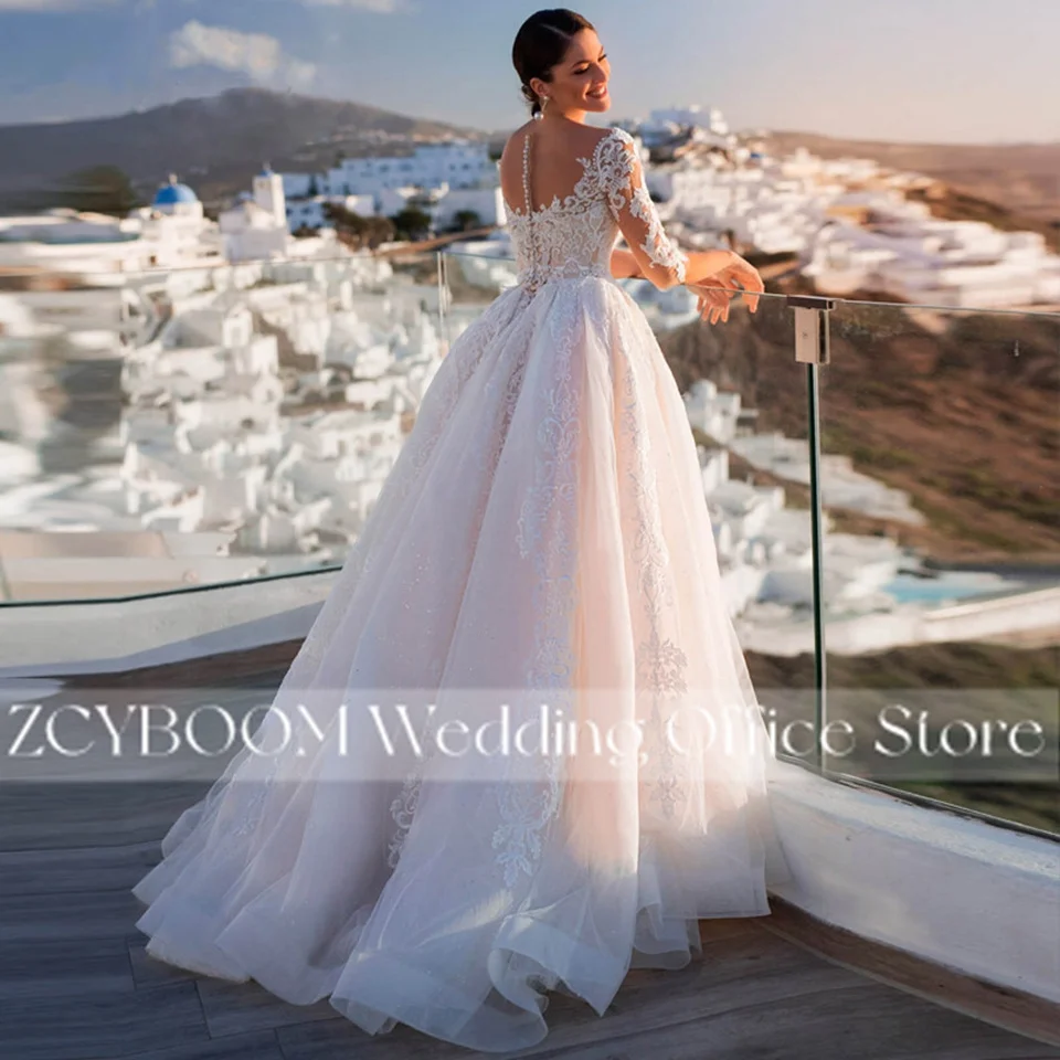 Elegante A-Linien-Brautkleider 2026 mit halben Ärmeln und Illusionsrücken, Prinzessinnen-V-Ausschnitt, Tüllapplikationen, Brautkleid für Damen, Vestido De Noiva – Detail 6