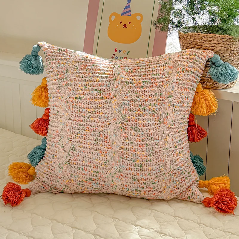 Weiche Boho-Kissenhülle aus buntem Strick mit Quasten, Baumwolle und Leinen, moderne Kissenbezüge für Sofa und Bett – Detail 7
