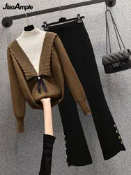 Women's Autumn Winter Suit 2022 New Korean Elegant Long Sleeved Half High Neck Knit Sweater Pullover + Trousers Two-piece Set