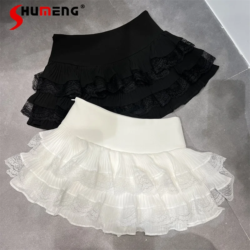 Pure Desire Lace Stitching Skirt Women's Early Spring Solid Color Clothes Slimming High Waist Bubble A-line Short Cake Skirts