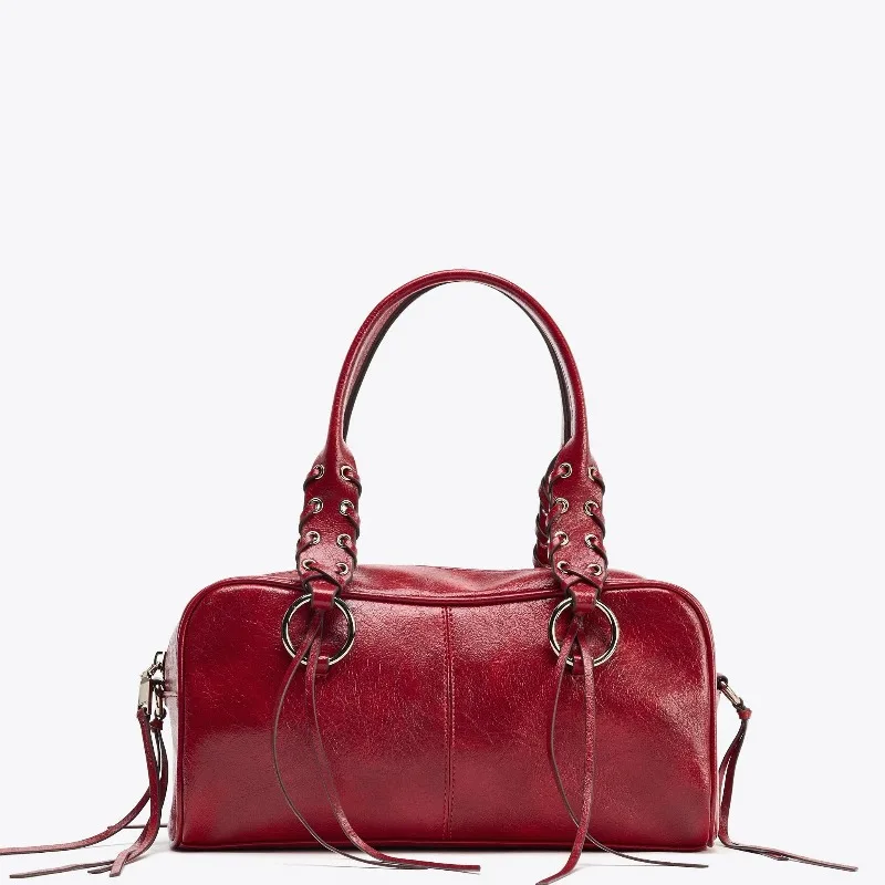 Women Fashion Pu Leather Rivets Tassels Boston Bag Grommet Eyelet Top Handle Handbag Adjustable Long Strap Cross Body Purse