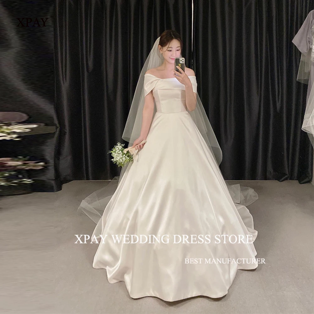

XPAY Korea Soft Satin Wedding Dresses Off Shoulder Sweep Train Bridal Gowns Court Train Wedding Gowns Veil Long Free Zip/Corset