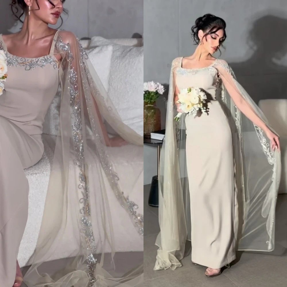 

Elegant Off-the-shoulder Sheath Floor Length Evening Dresses Sequin Rhinestone Applique Chiffon Formal Occasion Gown فساتين سهرة