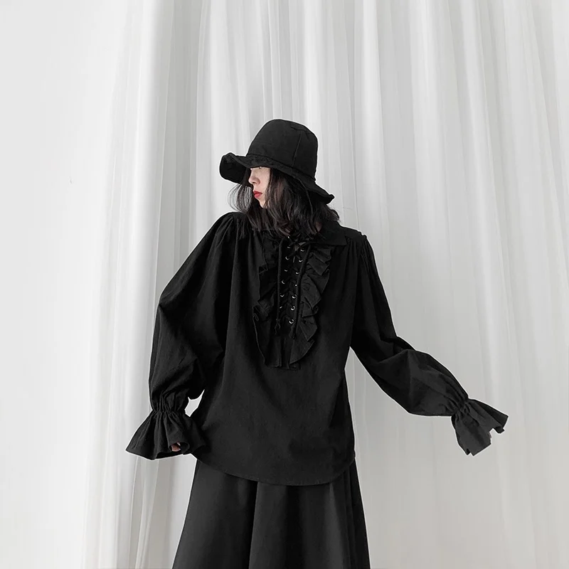 Men Retor Ruffles Party Palace Shirt Men Bandage Long Sleeve Medieval Shirt Gothic Chic Yamamoto Male Blouses Camisas Hombre