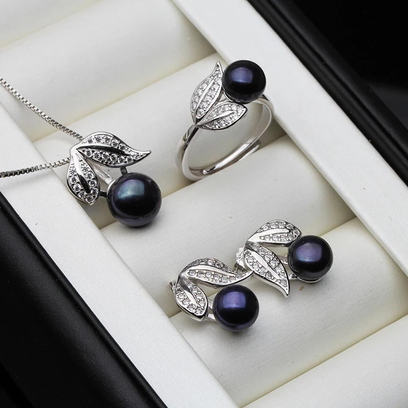 Real Pearl  ring Necklace Earrings For Women,Natural Freshwater White Pearl Jewelry Set 925 Sterling Silver Jewelry Sets Gift - 3