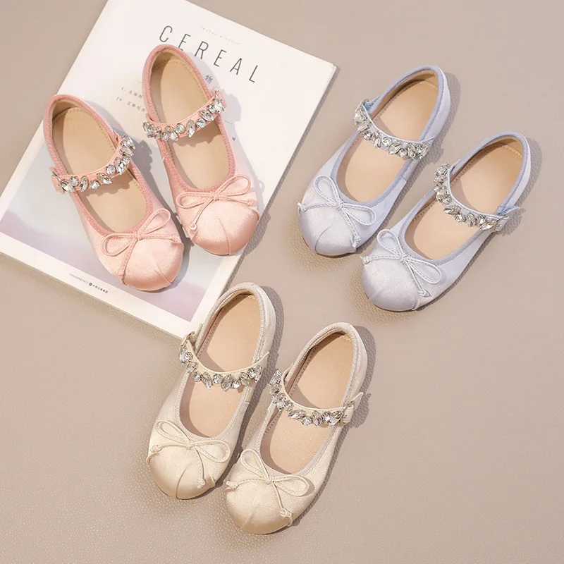 

New Children Princess Shoes Girls Fashion Rhinestone Bow Dress Soft Sole Flats Toddler Baby Leather Shoes Kids Moccasins 5A