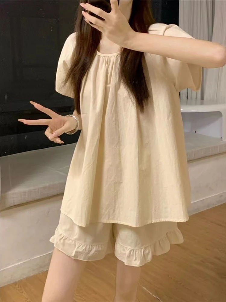 

Summer New Short Sleeved Pullover Shorts Two-Piece Pajamas Set Minimalist Solid Comfortable Home Clothes Sleepwear For Women