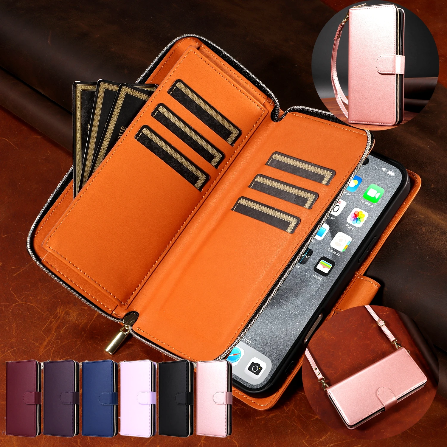 Zipper Wallet Leather Flip Case with Kickstand and Lanyard Phone Cover