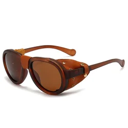 Unisex Luxury Polarized Round Steampunk Sunglasses with Leather Accents (Brown)
