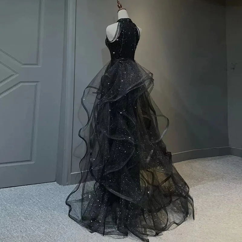 New black sequined lady girl women princess bridesmaid banquet party prom dress gown women prom dresses