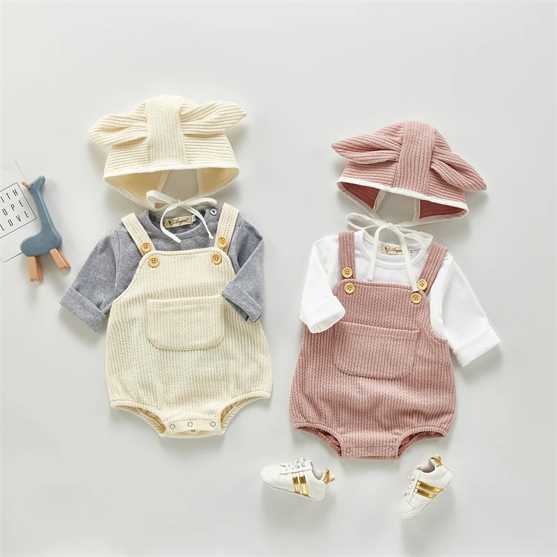 

Toddler Baby Girl Romper Spring Autumn Solid Strap Bodysuit with Hat for Newborn Cotton Cute Kids Clothes Boys Outfits