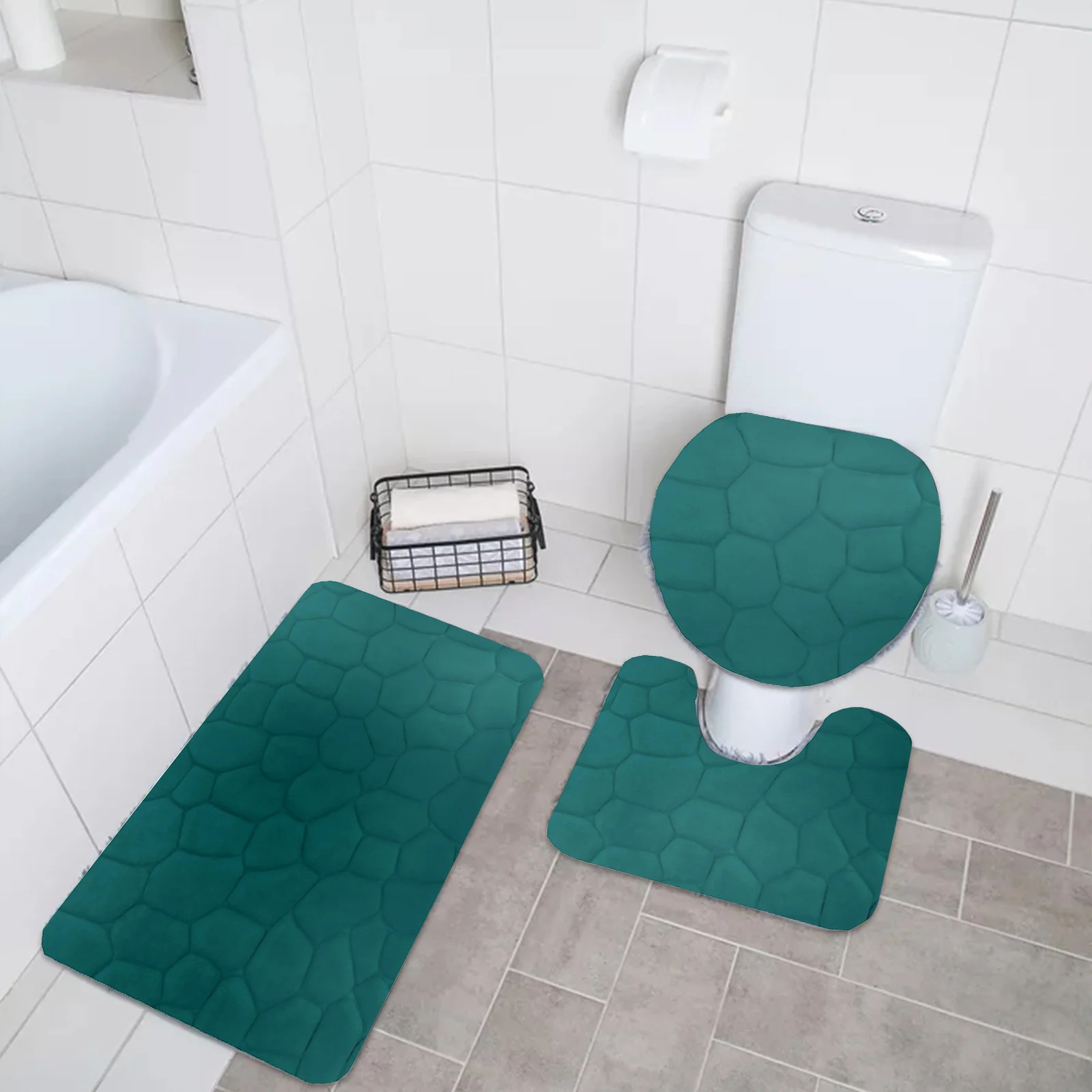 3 Piece Rock Memory Foam Bathroom Mat Set Flannel Embossed Rug Mat Toilet Lid Cover 19 Rug for Bathroom Floor Large toilet mat set