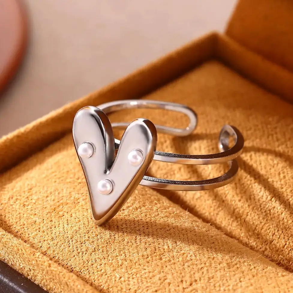 Pearl Heart Ring 18K Gold Plated Stainless Steel Adjustable Jewelry Gift