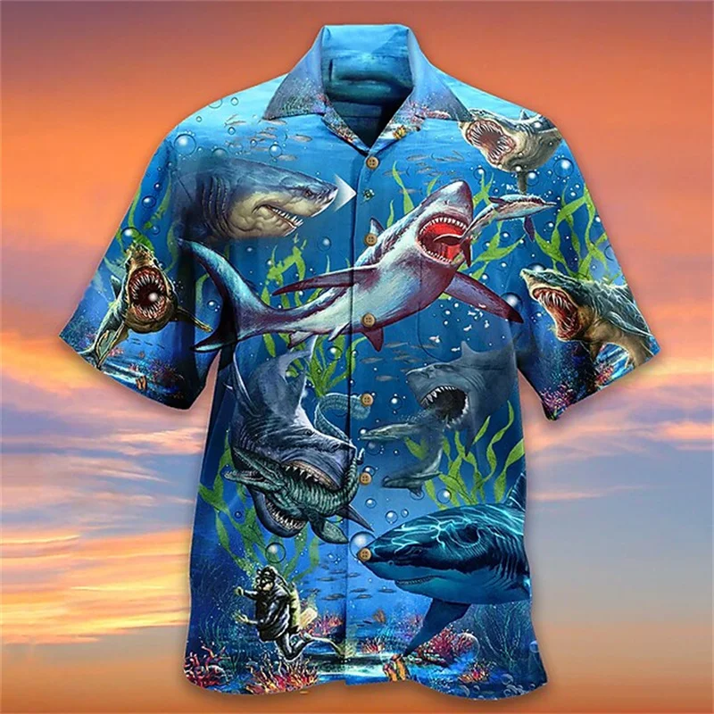 Men's Shark Print Shirt Summer Animal and Plant Pattern Shirts Men's Hawaii Beach Short Sleeve Shirt Men's Vacation Casual Shirt