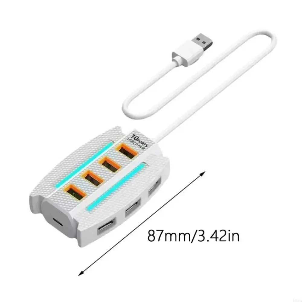 RGB 백라이트 10포트 USB 2.0 스플리터 데이터 전송 확장 10 in 1 USB2.0 허브 고속 커넥터 USB 포트 확장기