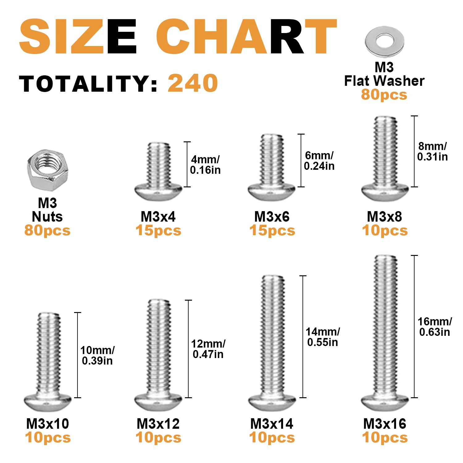 M3 Hex Head Screws, Screw Bolt Nut Set, Stainless Steel Screws, 240Pcs, M3x4/6/8/10/12/14/16mm, Button Head, Internal Hexagon, Washer Nut Set