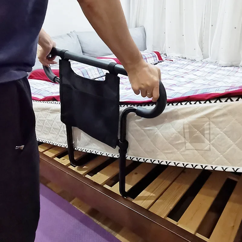 Aluminum Alloy Bedside Handrails Elderly Get Up Handrail Assistive Device Bed Guardrail Black Bedside Protector with Storage Bag