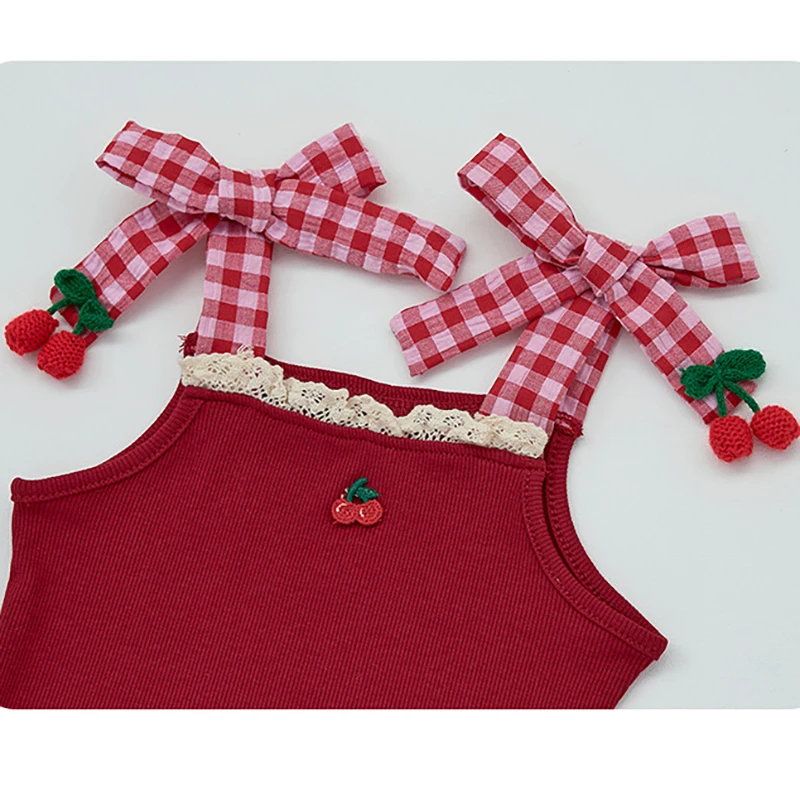 Cotton Summer Baby Girls Cherry Tee and Plaid Bloomers Set