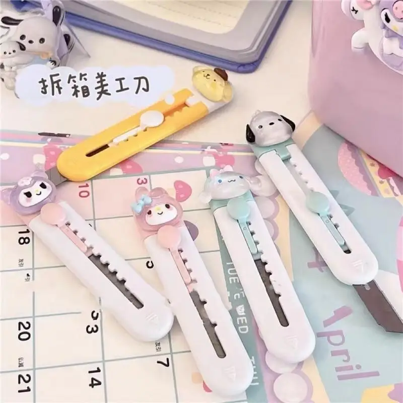 

Kawaii Sanrio Hello Kitty Kuromi My Melody Cinnamoroll Cartoon Cute Paper Cutter Utility Knife Unboxing Artifact Pocket Knife