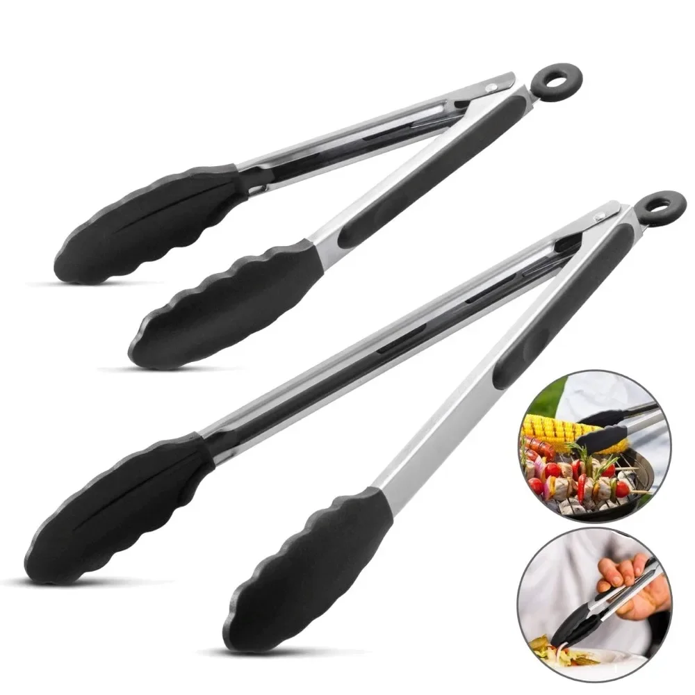 Kitchen Tongs Silicone Stainless Steel 4 Pack BPA Free Non-Stick BBQ Cooking