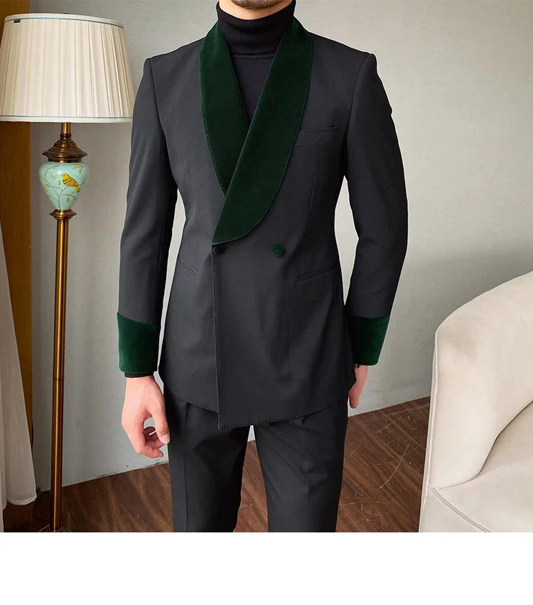 

Black Mens Suits Slim Fit High Quality 2 Piece Custom Jacket Pants Double Breasted Wedding Groom Best Man Male Blazer Masculino