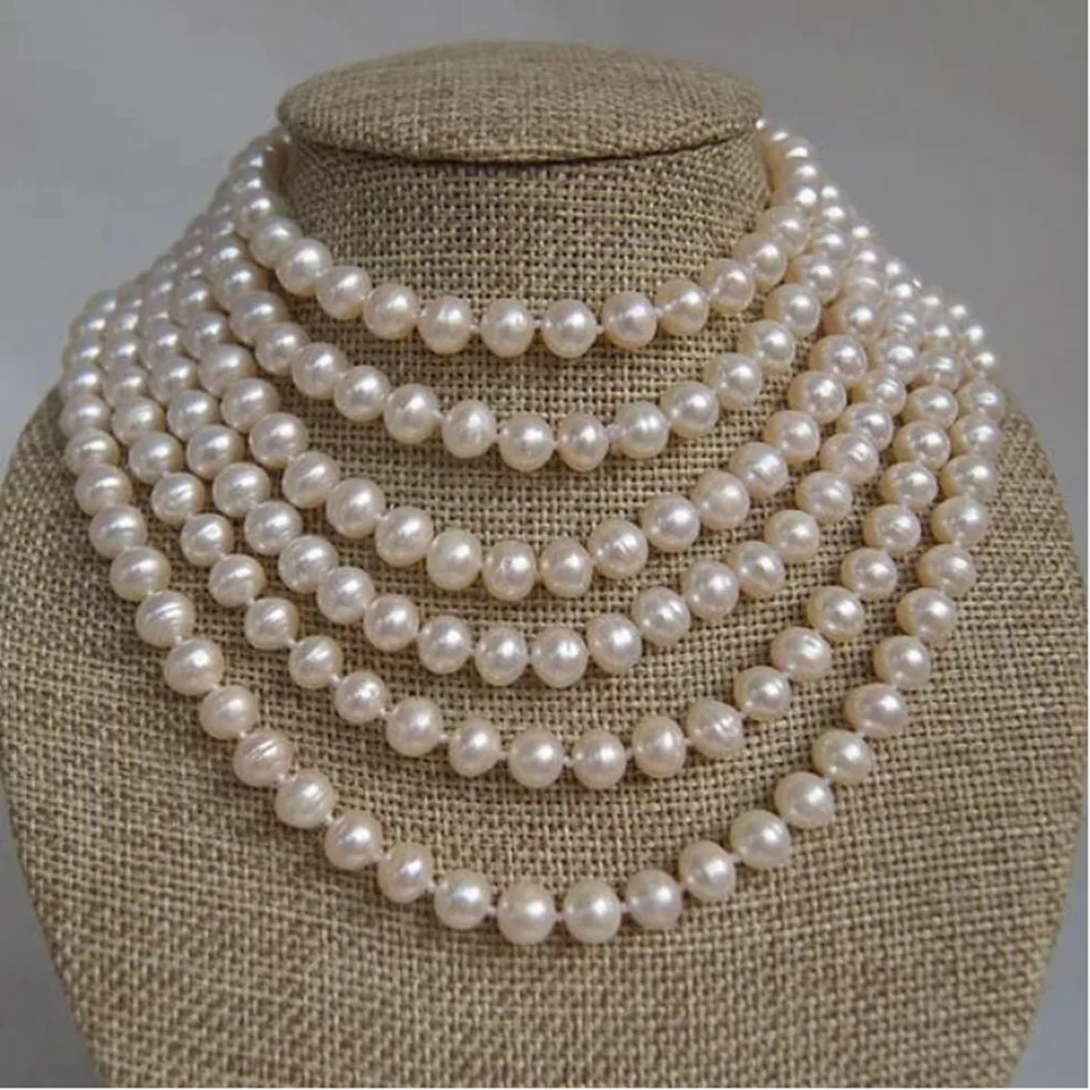 

Hand knotted necklace natural 7-8mm white freshwater pearl sweater chain nearly round pearl 200cm