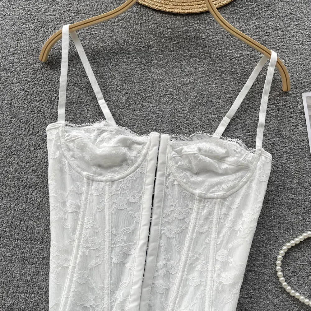 Frau Skinny Rückenfreies Leibchen Mehrfarbige Stickerei Tank Tops Spicy Girls Spitze Spaghettiträger Top Fishbone Tanks – Detail 13