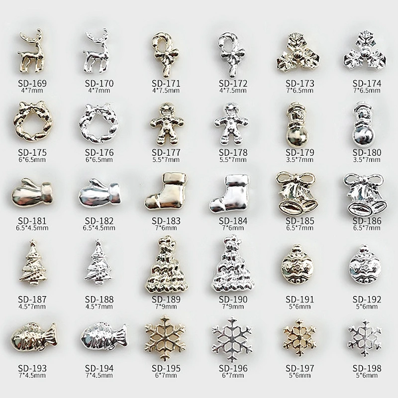 piezas guante ciervo y copo de nieve para manicura, joyería de diamantes de imitación para de uñas, de aleación de pez, muñeco de nieve, árbol de Navidad, oro y