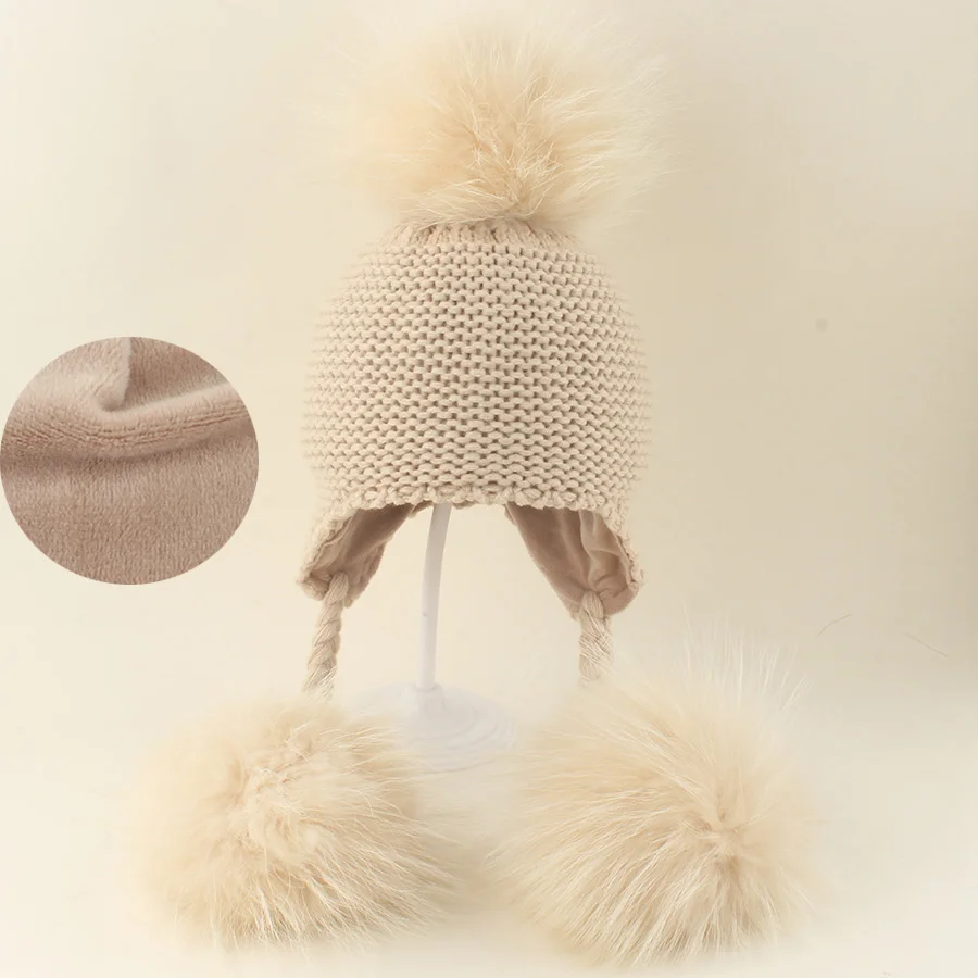 Winter Echtpelz Pompom 3 Ball Hut Warme Samt Futter Gestrickte Mützen Für Kinder Baby Outdoor Feece Kappe Ohr Schutz Hüte – Detail 8