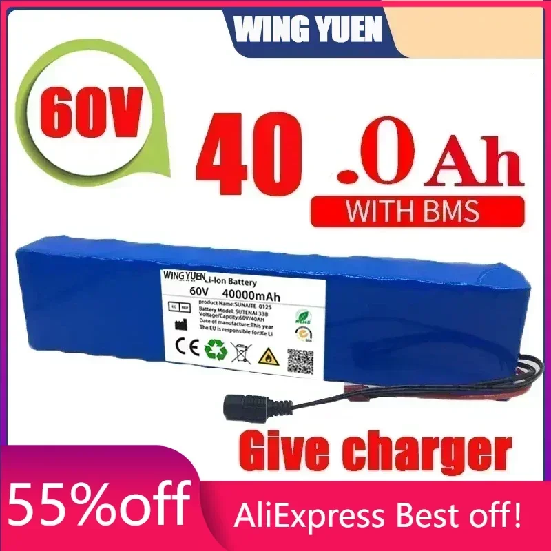 

New Electric Bike 60V 100000mAH100Ah 16S2P 18650 Lithium Ion Battery Pack E-Bike Scooter With BMS + 67.2V Charger