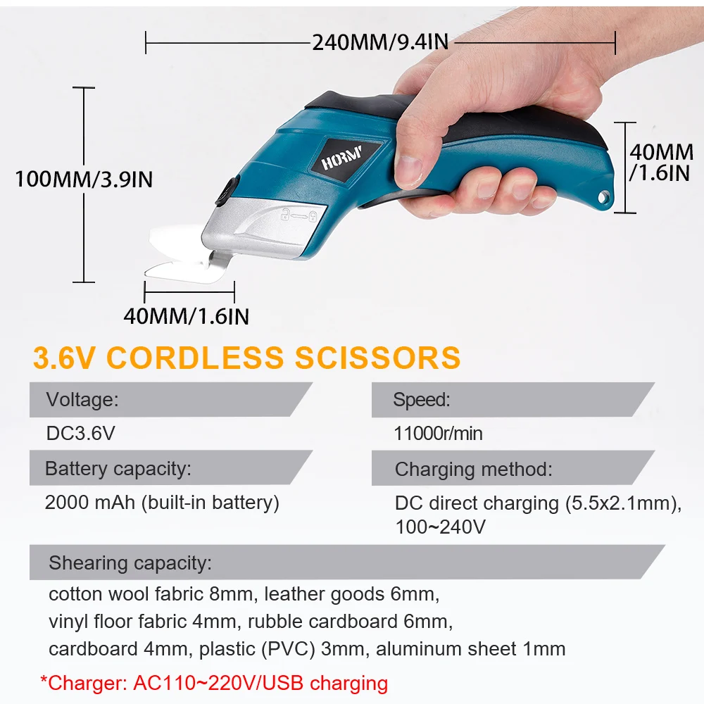 Hormy USB rechargeable electric scissors 3.6V fabric leather fabric cardboard plastic cutting tool with built-in 2.0Ah battery electric shears